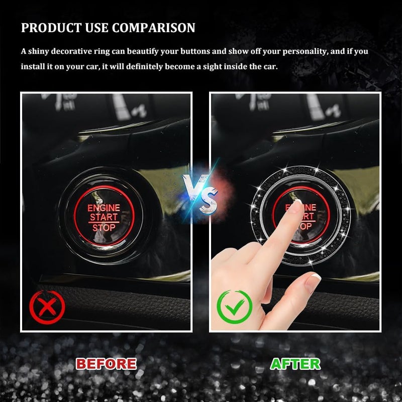 Tecledsn 2pcs Car Bling Crystal Rhinestone Engine Start Decoration Ring, Sparkling Push Start Button Sticker, Key Ignition & Knob Ring Decoration, Bling Car Interior Accessories for Women (Black) - Image 5